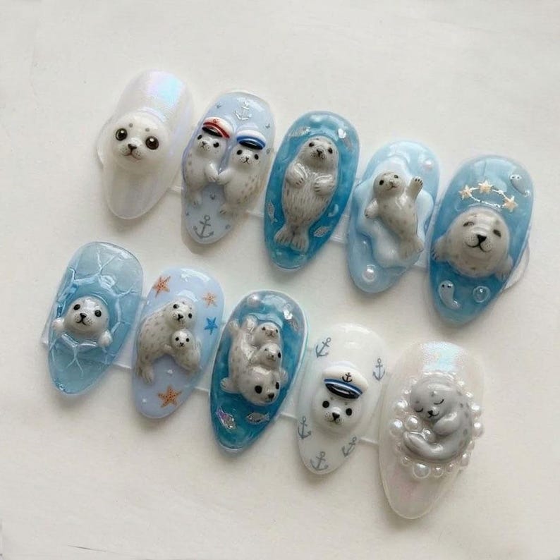 Cute Seal Press On Nails | 3D Ocean Animal Nail Art | Kawaii Blue Marine Nails | Handmade Cute Nail Set image 2