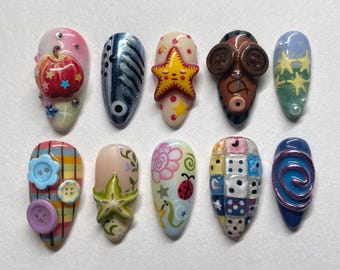 Colorful 3D Press On Nails | Cute Star, Flower & Button Nail Art | Handmade Whimsical Nail Set | Artistic Fun Nail Design