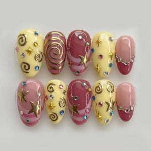 Unghie finte Y2K fatte a mano / Tema stella celeste, vortice galattico e strass / Set di nail art 3D carino