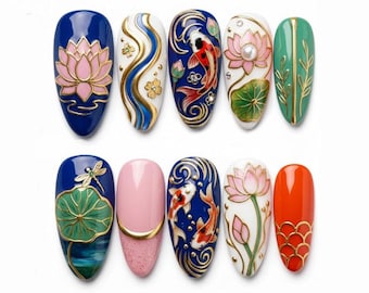 Uñas postizas de pez koi hechas a mano / Arte de uñas de flor de loto / Uñas de estilo japonés / Regalo significativo para ella