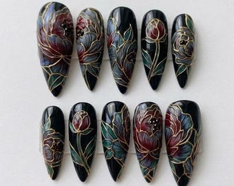 Black Floral Press On Nails | Hand Painted Gold Outline Nails | Luxury Stiletto Nails | Vintage Flower Nail Art | Gothic Elegant Nails
