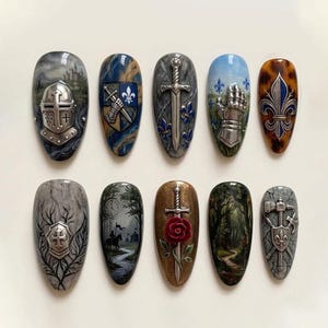 Handmade Medieval Knight Press On Nails | Fantasy Armor Sword Shield Rose Nails | Gothic Castle Forest Royalcore Nail Set