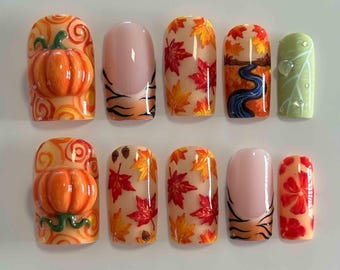 Handmade Autumn Harvest Press On Nails | Pumpkin, Maple Leaves, River & Acorn 3D Art | Square Nails For Cozy Thanksgiving Vibe