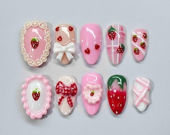 Handmade Cute Strawberry Press On Nails | Pink Hearts, Bows, 3D Cream & Plaid Art | Almond Nails For Sweet Kawaii Vibe