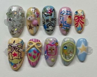 Handmade Cute Cartoon Press On Nails | Pastel Star Animal Nail Art | Kawaii Fake Nails Set