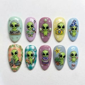 Pastel Alien Press On Nails | Cute Space Creature Donut Camera Artist Nail Art | Handmade Nails