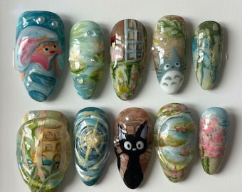 Handmade Cute Nature Anime Press On Nails | Forest Scene, Spirit & Floral Nail Art | Whimsical Kawaii Fake Nails Gift