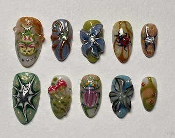 Handmade Nature Fantasy Press On Nails | Insect, Mushroom & Floral Nail Art | Earthy 3D Fake Nails Gift for Her