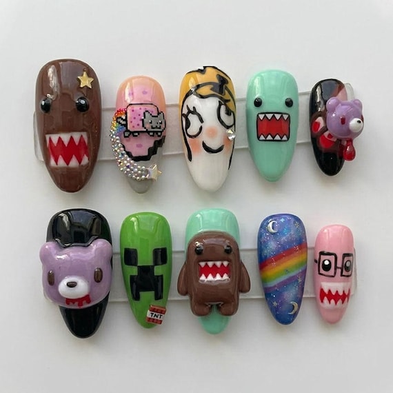 Handmade Gamer Press On Nails | 3D Pixel Art & Cartoon Character Nail Set | Retro Gaming Fantasy Reusable False Nails