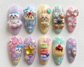Cute Kawaii Press On Nails | Pastel 3D Cartoon Animal and Sweet Dessert Nail Art | Colorful Handmade Statement Nails