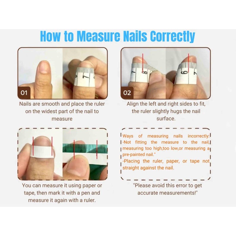 May include: Diagram illustrating how to measure nails correctly. The image shows steps for measuring nail width with a ruler or tape, including avoiding common measurement errors. Text includes "How to Measure Nails Correctly."