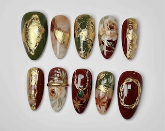 Handmade Luxury Vintage Press On Nails | Gold Foil, Roses, Gem & Frame Art | Almond Nails For Elegant Autumn Retro Vibe