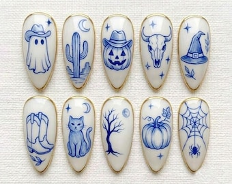 Handmade Western Halloween Press On Nails | Ghost Pumpkin Cowboy Cowgirl Nail Art | Witch Hat Desert Cactus Spooky Glue On Nails
