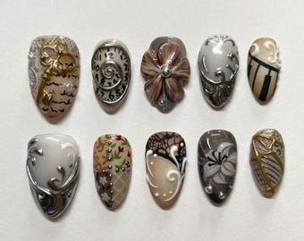 Vintage 3D Press On Nails | Floral & Clock Nail Art | Elegant Handcrafted Nail Set | Unique Artistic Design