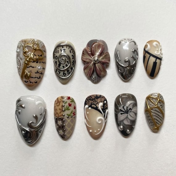 Vintage 3D Press On Nails | Floral & Clock Nail Art | Elegant Handcrafted Nail Set | Unique Artistic Design