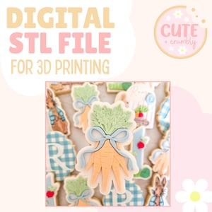 May include: Digital STL file for 3D printing. The image features decorated cookies with a carrot design, blue bows, and other Easter-themed shapes. The cookies are arranged on a light pink background with the words "Cute + Crumby".
