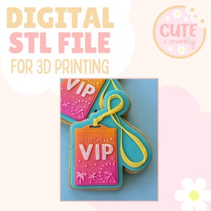 May include: Digital STL file for 3D printing. A cookie shaped like a VIP pass with "Bridechella VIP" text. Decorated with pink, orange, and blue icing. The text "Digital STL File For 3D Printing" is at the top of the image.