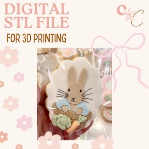 Puede incluir: Un archivo STL digital para impresión 3D. La imagen presenta una galleta decorada con un diseño de conejito. El conejito es de color marrón claro con bigotes negros y lleva una chaqueta azul. La galleta también tiene una zanahoria y lechuga.