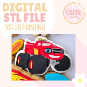 May include: A red monster truck cookie with black tires and a smiling face. The cookie has a yellow flame design and blue eyes. Text on the image reads "DIGITAL STL FILE FOR 3D PRINTING".
