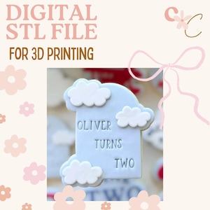 Puede incluir: Archivo STL digital para impresión 3D. Se muestra una galleta azul claro con adornos de nubes blancas. La galleta dice "Oliver Turns Two". El fondo es beige suave con flores y lazos rosas.