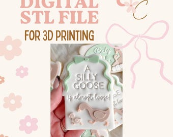 Puede incluir: Una galleta rectangular blanca con esquinas redondeadas, un borde festoneado verde claro y un lazo verde en la parte superior. El texto dice A SILLY GOOSE is almost loose! con un gráfico de un ganso marrón claro y un gansito abajo.