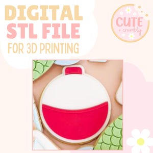 Puede incluir: Un archivo STL digital para la impresión 3D de un cortador de galletas de flotador de pesca rojo y blanco. El cortador se muestra en una mesa con otros cortadores de galletas.