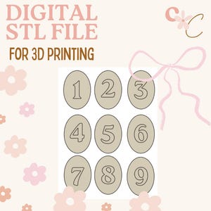 May include: Digital STL file for 3D printing. Nine egg-shaped cutouts are displayed, each with a number from one to nine. The numbers are in a simple font. The background is a light peach colour with floral and bow accents.