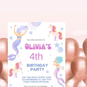 Invitation de fête d'anniversaire de sirène et de licorne | Invitation modifiable sur toile | Téléchargement numérique
