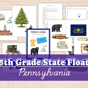 May include: A collection of illustrations and text related to Pennsylvania, including a black bear, the Liberty Bell, and the state flag. The words "5th Grade State Float" and "Pennsylvania" are also displayed.