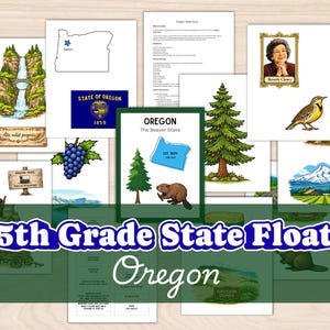 Può includere: Una collezione di illustrazioni e testo sull'Oregon, tra cui una mappa dello stato, una bandiera e immagini di una cascata, un uccello e un castoro. Il testo "5th Grade State Float Oregon" è ben visibile.