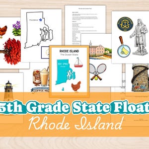 Può includere: Una raccolta di illustrazioni e testo relativi al Rhode Island, tra cui una mappa, simboli di stato e il testo "5th Grade State Float Rhode Island". Le immagini sono disposte su una superficie di legno chiaro.