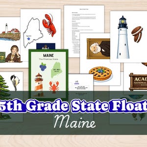 May include: A selection of illustrations depicting Maine, including a lighthouse, a map, a lobster, a portrait, a pie, and a sign for Acadia National Park. The text "5th Grade State Float Maine" is displayed.
