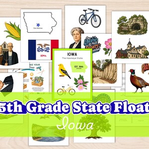Puede incluir: Una colección de ilustraciones y gráficos relacionados con Iowa, incluyendo la bandera estatal, un mapa, un pájaro amarillo, una bicicleta y un letrero que dice "IOWA The Hawkeye State". También se ve el texto "5th Grade State Float" y "Iowa".