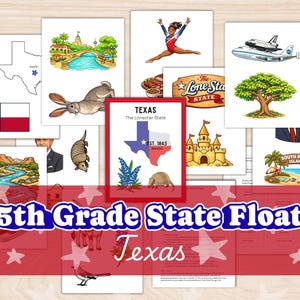 Può includere: Una collezione di schede illustrate con simboli e punti di riferimento del Texas. Include la bandiera del Texas, un contorno della mappa, una ginnasta, uno space shuttle, un albero e il testo "5th Grade State Float Texas".