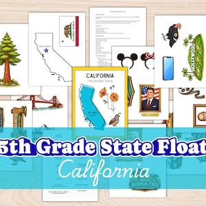 May include: An assortment of illustrations and graphics depicting California, including a map, the Golden Gate Bridge, and the Hollywood sign. The text "5th Grade State Float California" is displayed across the bottom.
