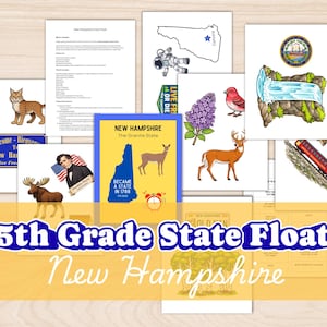 May include: A collection of illustrated educational materials for a 5th-grade project on New Hampshire. Includes images of a moose, a bobcat, a state map, and the state seal. The text "5th Grade State Float" and "New Hampshire" are also visible.