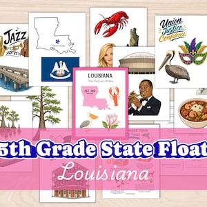 Puede incluir: Una colección de ilustraciones y gráficos relacionados con Luisiana, que incluyen un mapa, una bandera, instrumentos de jazz, un cangrejo de río, un pelícano y un cuenco de gumbo. El texto "5th Grade State Float Louisiana" se muestra en la parte inferior.