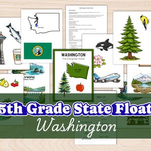 May include: A collection of illustrations and documents related to Washington State, including the Space Needle, a map, the state flag, a tree, an apple, and text that reads "5th Grade State Float Washington."