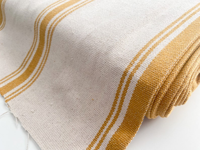 Grain Sack Fabric by the yard Golden Yellow Stripe Wide Stripe 5 Stripes Farmhouse Country Cottage Rustic Feed Sack French image 1