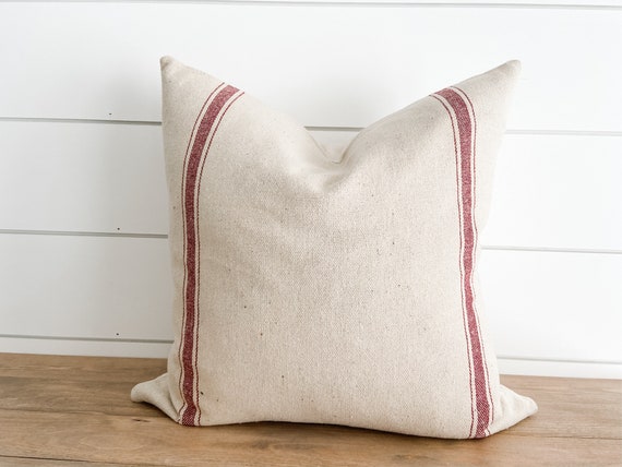 Red Stripe Grain Sack Pillow Cover Farmhouse Feed Sack Cottage Country Cabin Neutral Beige Etsy