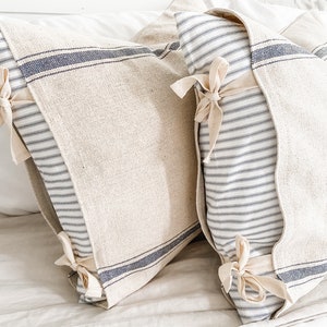 Feed Sack and Ticking Stripe Tie Pillow Cover | Ticking Stripe | Tie Pillow | Farmhouse | Country | Cottage | Vintage