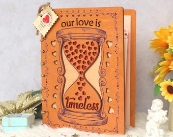 Hourglass Love Wooden Anniversary Cards with Stand, Anniversary Greeting Card, Love Keepsake