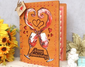 Wooden Anniversary Card with Stand, Happy Anniversary Greeting Card, Love Keepsake