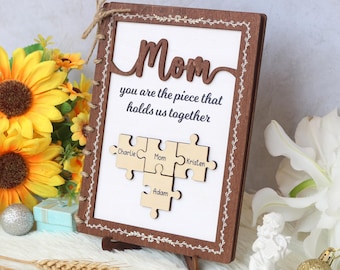 Personalized Mother's Day Card with Puzzle Piece Names, Custom Wooden Mom Card, Unique Keepsake
