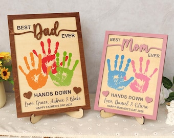 Personalized Best Dad Mom Ever Hands Down, Best Dad Mom Handprint Sign, Father's Mother's Day Keepsake, Handmade Dad Mom Gift from Kids