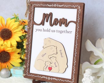Personalized Wooden Mother Card, Family Names, Mother's Day Keepsake, You Hold Us Together Bear Sign, Unique Keepsake Gift for Mom