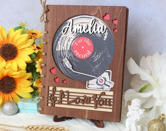 Personalized Vinyl Record Wood Card, Custom Music Lover Gift, For The Record I Love You, Unique Anniversary Gift for Him Her
