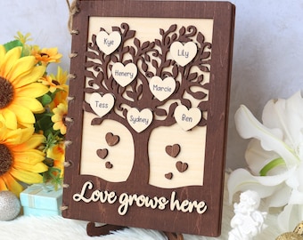 Personalized Family Tree Wooden Card, Custom Name Wood Card, Grandparents Gift, Love Grows Here