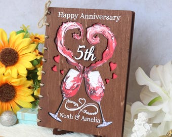 Personalized Anniversary Wood Card, Custom Year 1st 5th 10th 25th, Wooden Card for Husband Wife, Wine Lover Gift, Unique Keepsake