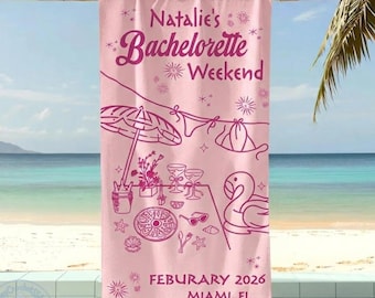Toalla de playa personalizada para despedida de soltera, decoración personalizada para fiesta en la playa, idea de regalo para damas de honor, recuerdo costero para despedida de soltera, toalla para viaje de chicas 2026